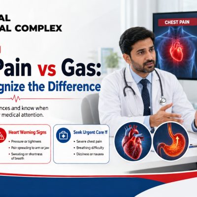 Doctor explaining the differences between chest pain and gas symptoms to a patient at Gondal Medical Complex