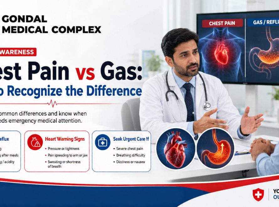 Doctor explaining the differences between chest pain and gas symptoms to a patient at Gondal Medical Complex