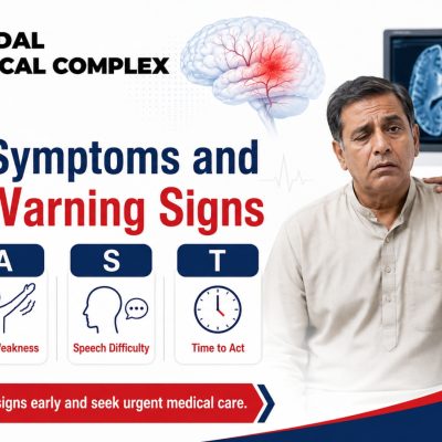 Doctor helping a patient recognize stroke symptoms using the F.A.S.T. warning signs at Gondal Medical Complex.