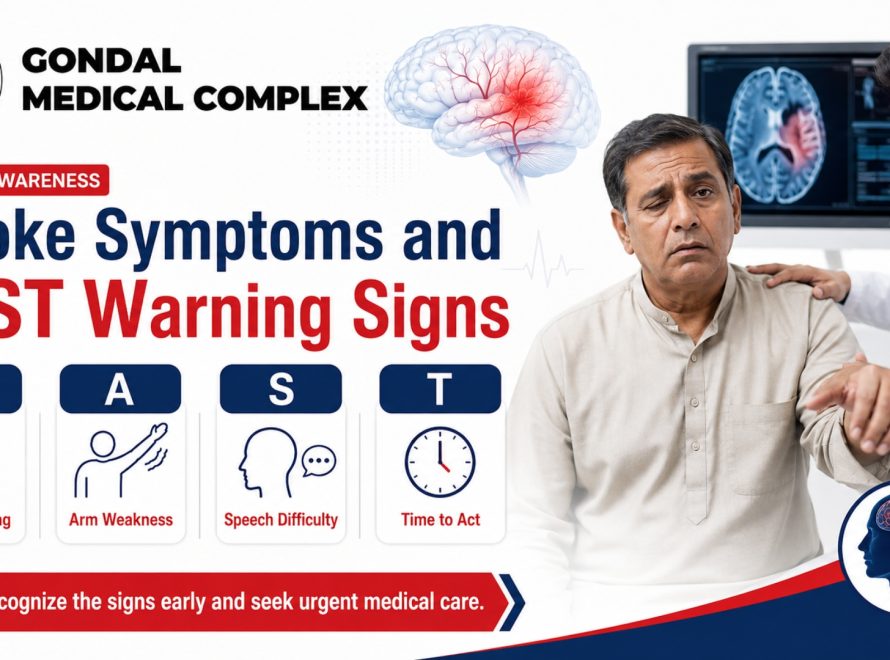 Doctor helping a patient recognize stroke symptoms using the F.A.S.T. warning signs at Gondal Medical Complex.