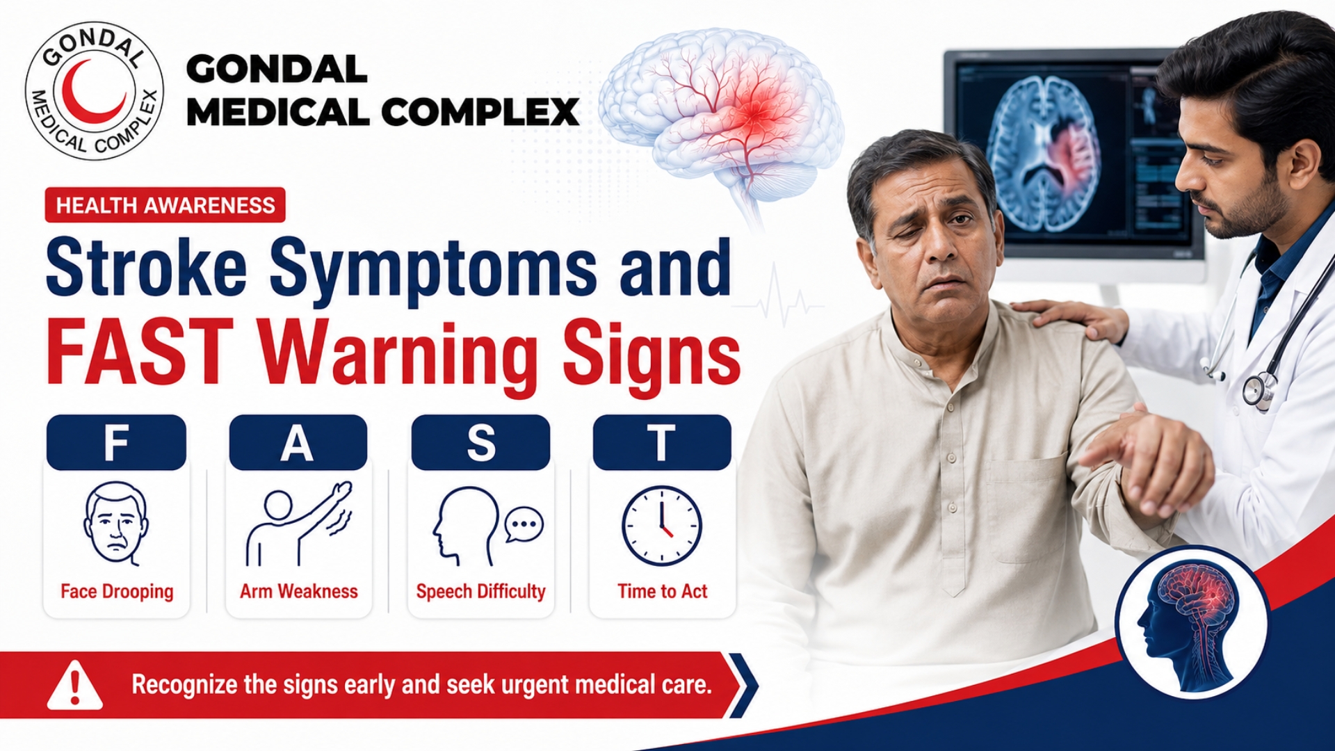 Doctor helping a patient recognize stroke symptoms using the F.A.S.T. warning signs at Gondal Medical Complex.