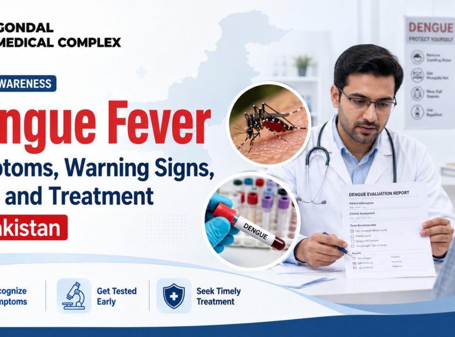 Doctor consulting a patient about Dengue Fever symptoms, tests, and treatment at Gondal Medical Complex.