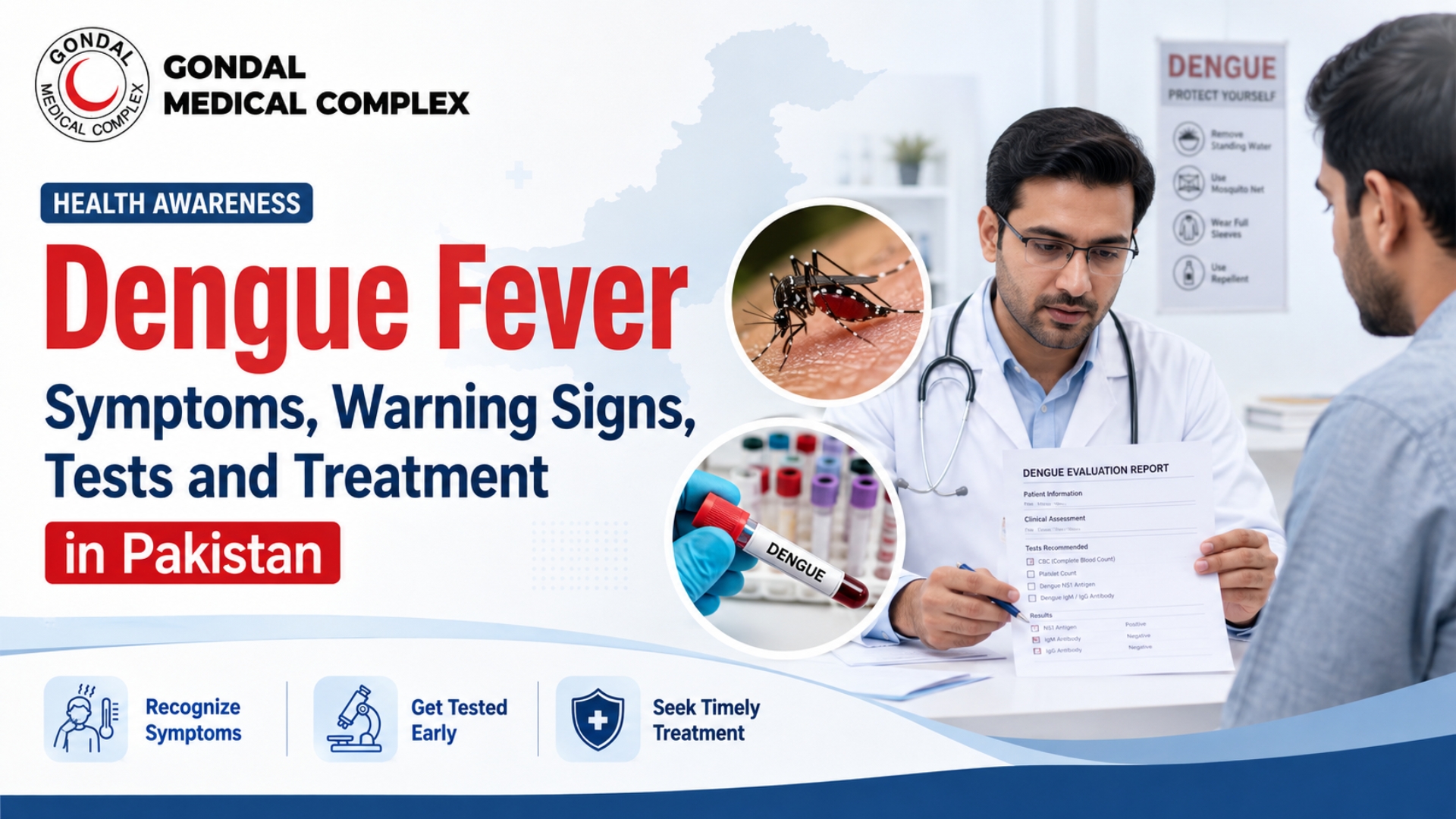 Doctor consulting a patient about Dengue Fever symptoms, tests, and treatment at Gondal Medical Complex.