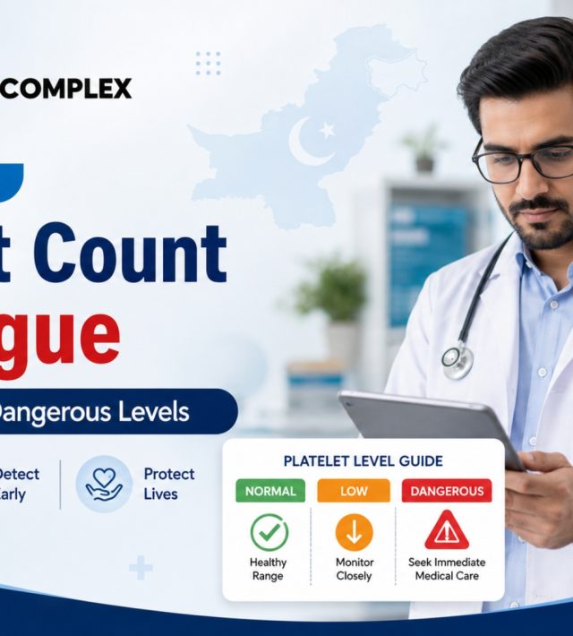 Doctor reviewing platelet count levels (Normal, Low, and Dangerous) for dengue fever prevention at Gondal Medical Complex.