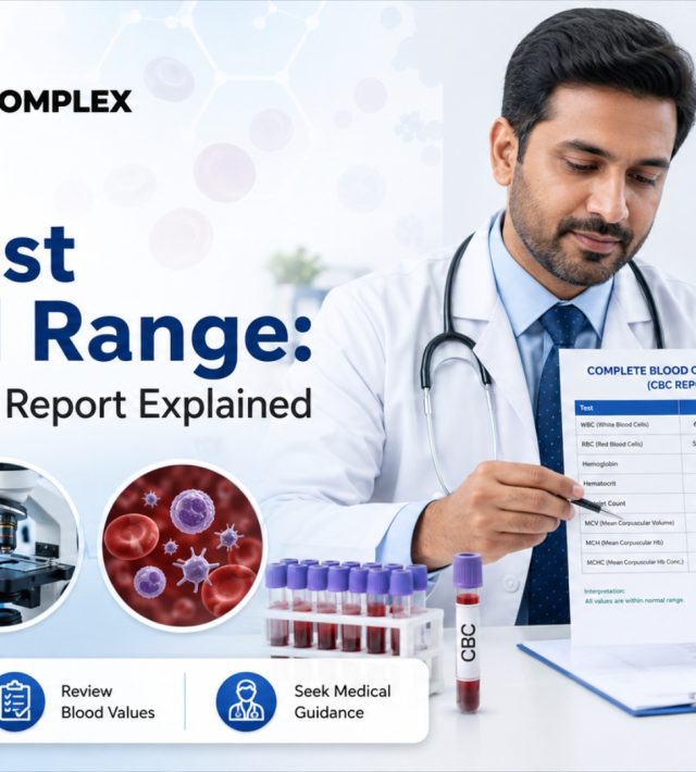 Doctor explaining a Complete Blood Count (CBC) test report to a patient at Gondal Medical Complex, highlighting normal ranges and blood values.