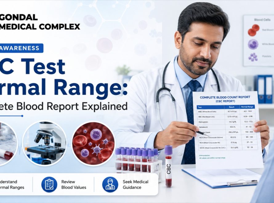 Doctor explaining a Complete Blood Count (CBC) test report to a patient at Gondal Medical Complex, highlighting normal ranges and blood values.