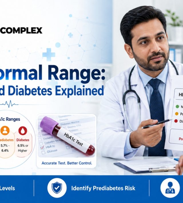 Doctor explaining an HbA1c test report showing prediabetes range to a patient at Gondal Medical Complex.