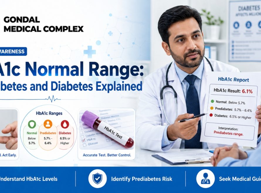 Doctor explaining an HbA1c test report showing prediabetes range to a patient at Gondal Medical Complex.