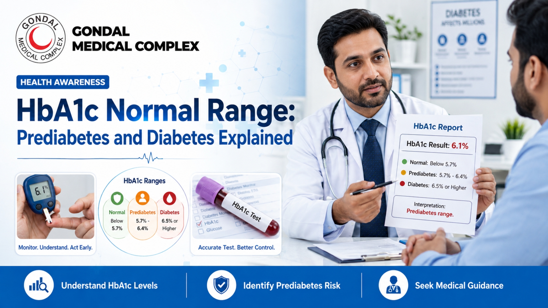 Doctor explaining an HbA1c test report showing prediabetes range to a patient at Gondal Medical Complex.