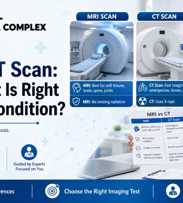Doctor comparing MRI scan and CT scan options with a patient at Gondal Medical Complex, highlighting differences like soft tissue imaging, radiation, and scan times.