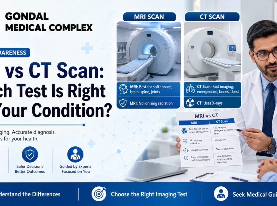 Doctor comparing MRI scan and CT scan options with a patient at Gondal Medical Complex, highlighting differences like soft tissue imaging, radiation, and scan times.