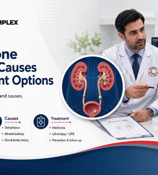Doctor discussing kidney stone symptoms, causes, and treatment options with a patient at Gondal Medical Complex.