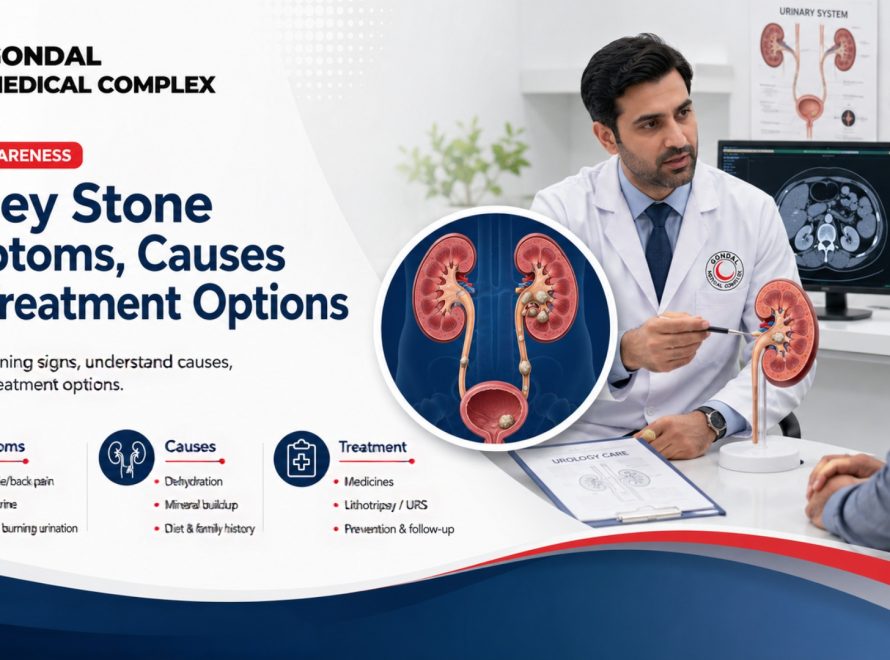 Doctor discussing kidney stone symptoms, causes, and treatment options with a patient at Gondal Medical Complex.
