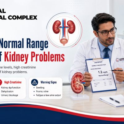 Doctor explaining creatinine normal ranges, high creatinine causes, and kidney problem warning signs to a patient at Gondal Medical Complex.