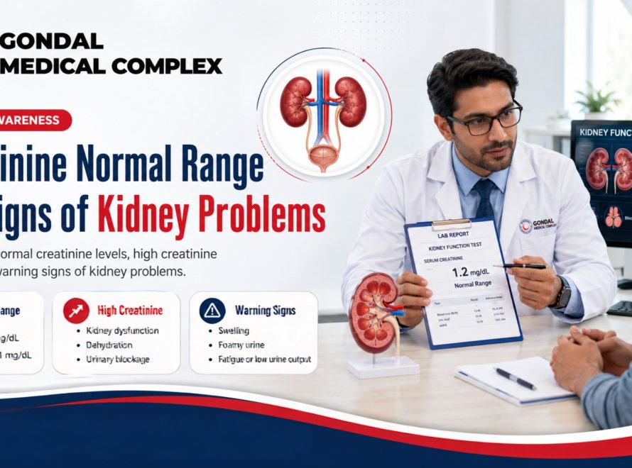 Doctor explaining creatinine normal ranges, high creatinine causes, and kidney problem warning signs to a patient at Gondal Medical Complex.